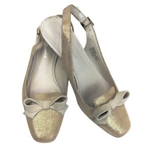 Donald J Pliner Sofia Gold Metallic Leather Slingback Bow Kitten Heels Size 6.5